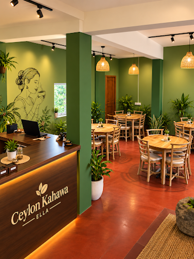 Inside Ceylon Kahawa Ella — green walls, wooden tables and the café counter